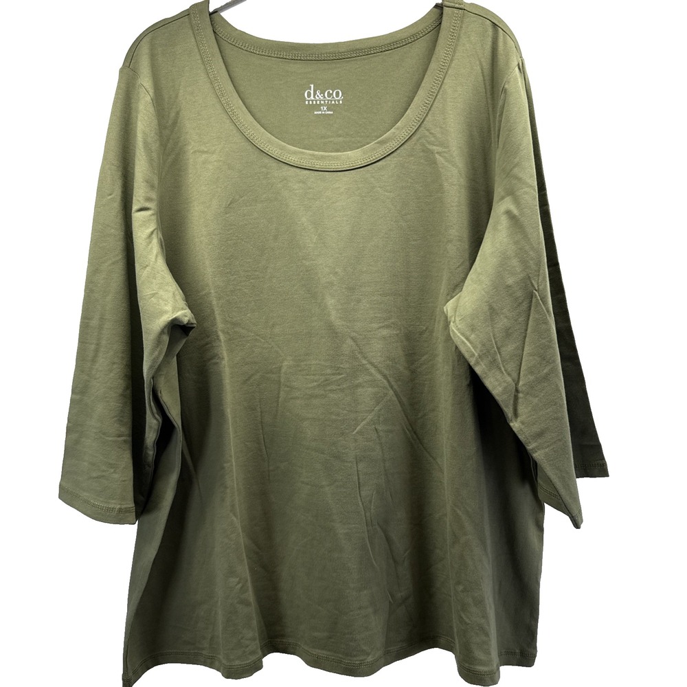 Denim & Co Women Top Size 1X Plus Green 3/4 Sleeve Cotton Blend Pullover A10900